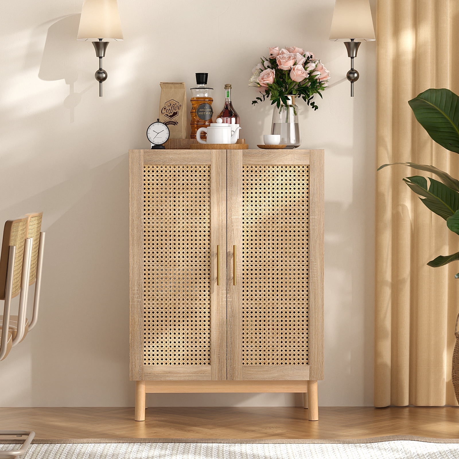 Richya Natural Rattan Cabinet with 2 Doors for Living Room Bedroom Kitchen Hallway Entry 40 H Storage Sideboard Cabinet