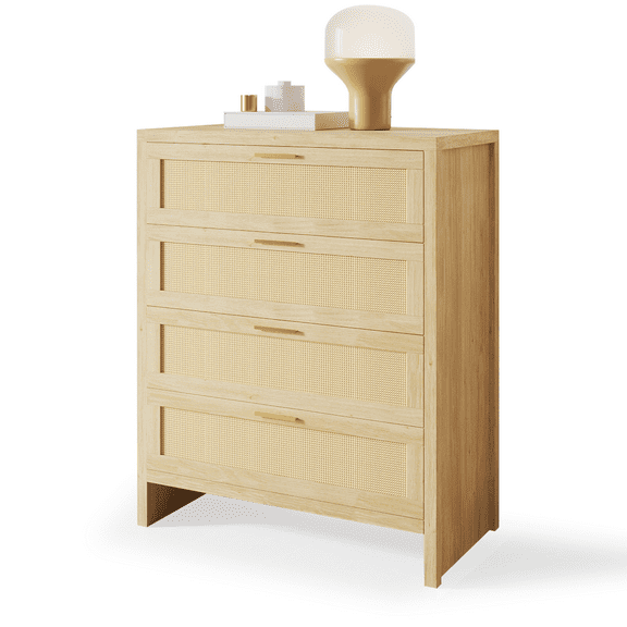 Richya Rattan Dresser with 4 Drawers, Wood Storage Cabinet for Living Room, Hallway, Nursery ,Bedroom