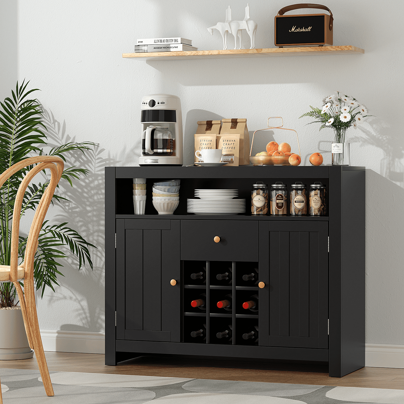 Black buffet table with wine rack discount