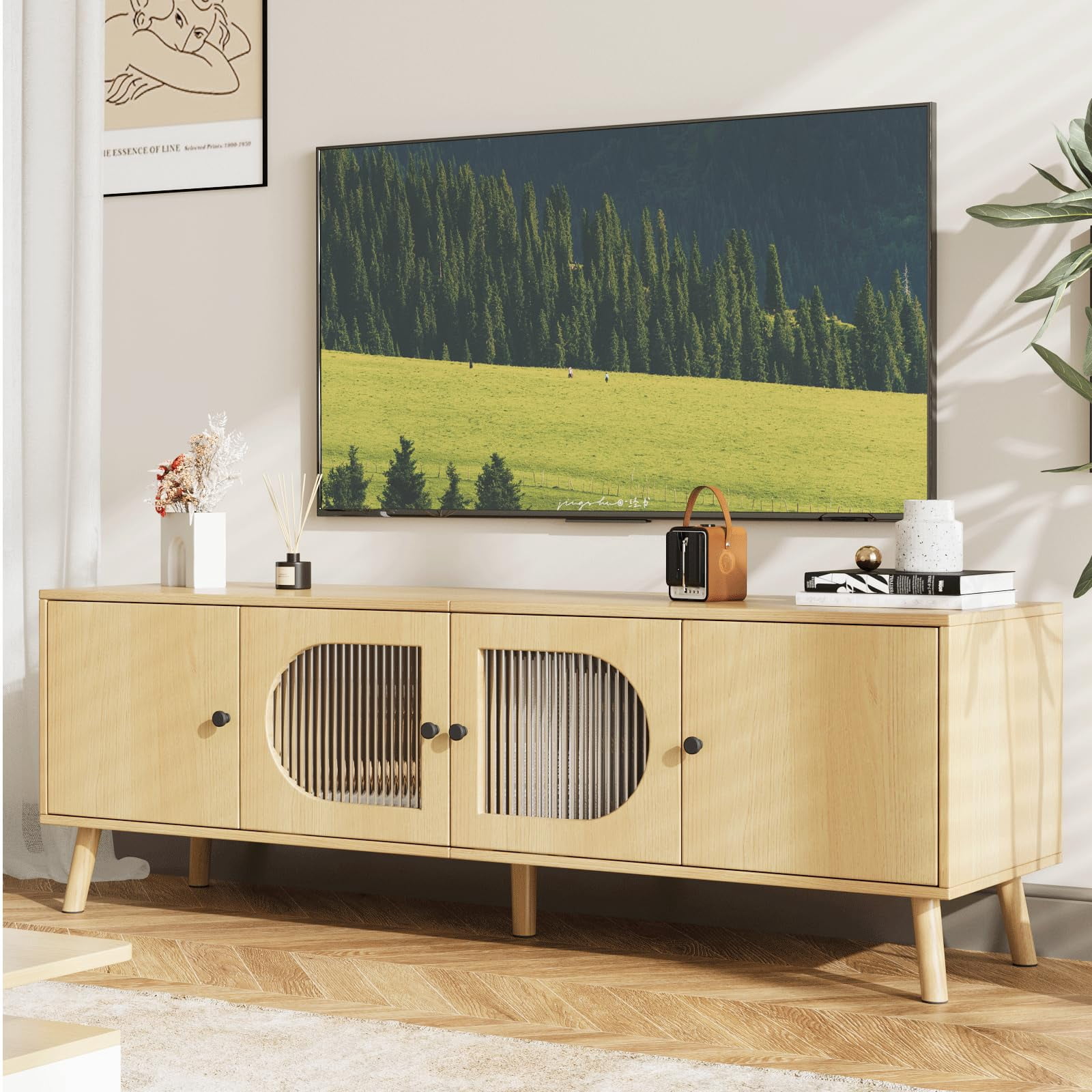 Richya TV Stand for 55/60/65 inches TV, Wood Media TV Cabinet with Glass Doors, Entertainment Center with Storage for Living Room, Bedroom, Oak