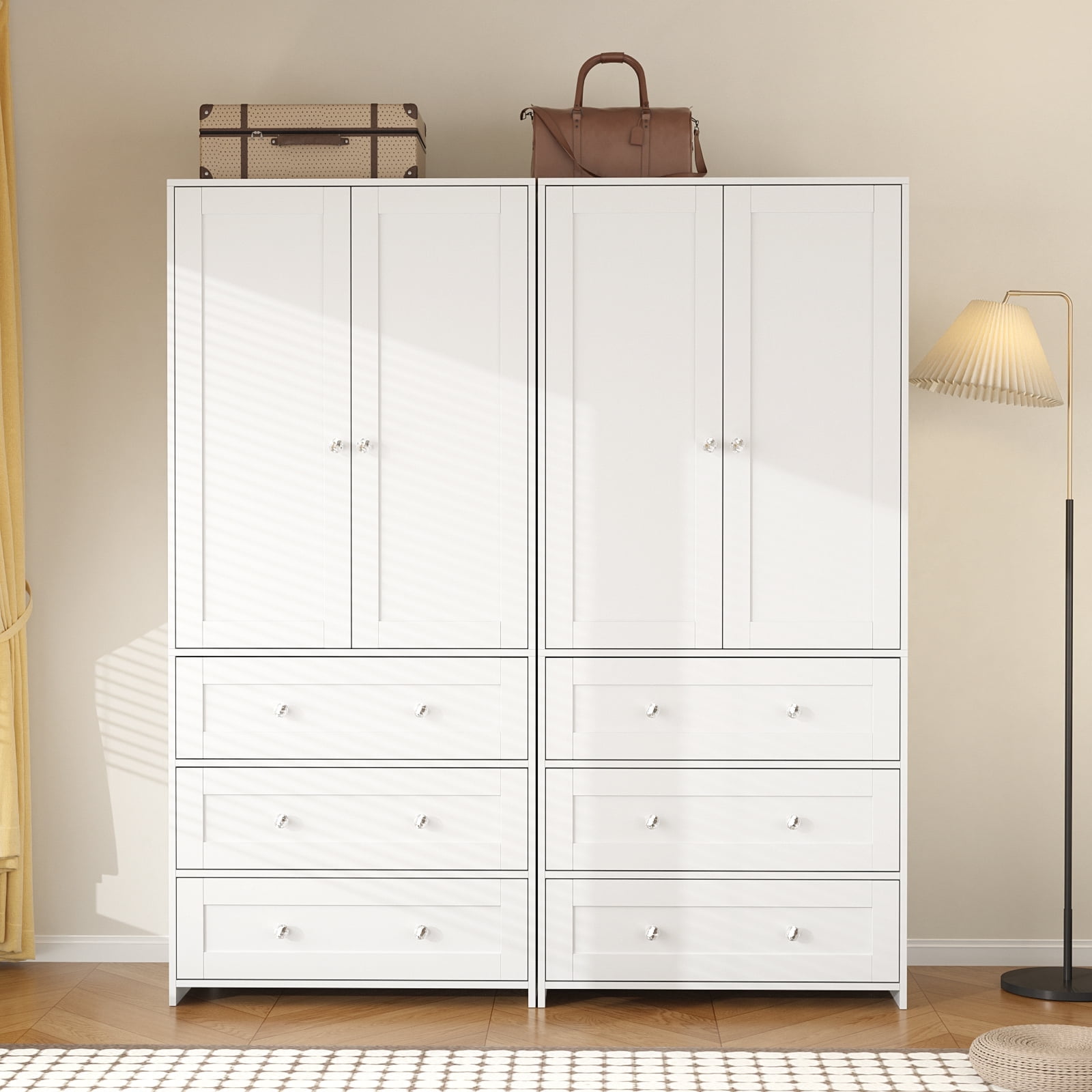 Richya White Wooden Freestanding Wardrobe Closet Cabinet with 3