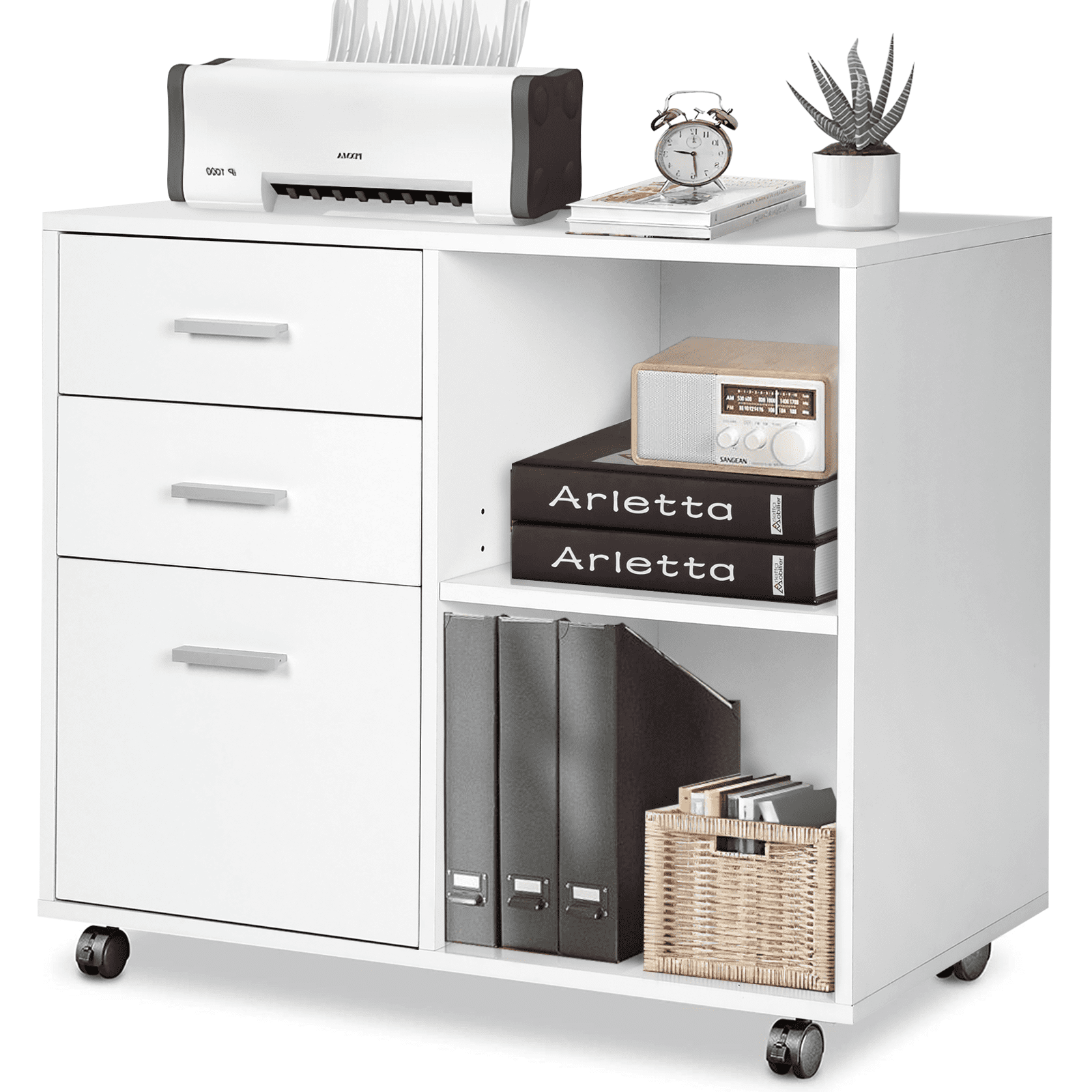 Richya Wood File Cabinet Printer Stand With Open Storage Shelf 3 Drawer Home Office White Com