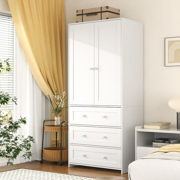 Richya Wooden Freestanding Wardrobe Closet Cabinet with 3 Drawers,Modern Wood Closet Storage Cabinet for Bedroom