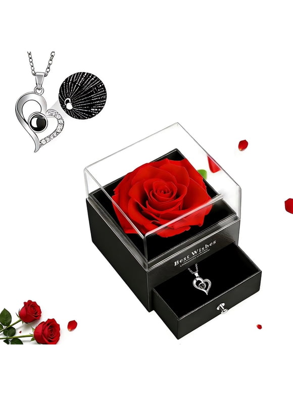 Preserved Red Rose with I Love You Necklace in 100 Languages -Eternal Flowers Rose Gifts for Mom Wife Girlfriend Her on Christmas Valentines Day Mothers Day Anniversary Birthday Gifts