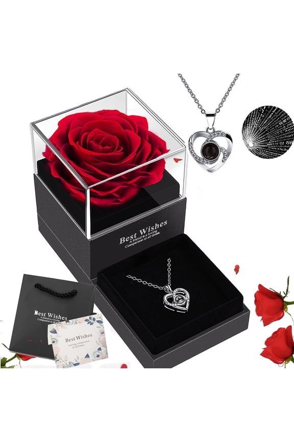 Preserved Red Rose Jewelry Gift Set, I Love You Necklace 100 Languages, Anniversary Gifts for Women Valentine's Mother's Day Christmas