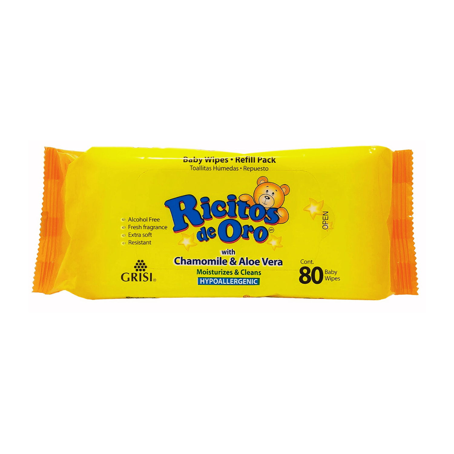 Ricitos de Oro Baby Wipes, Chamomile and Aloe Vera Refillable Baby Wipes, Moisturize and Clean, 1 Resealable Pack (80 Total Wipes)