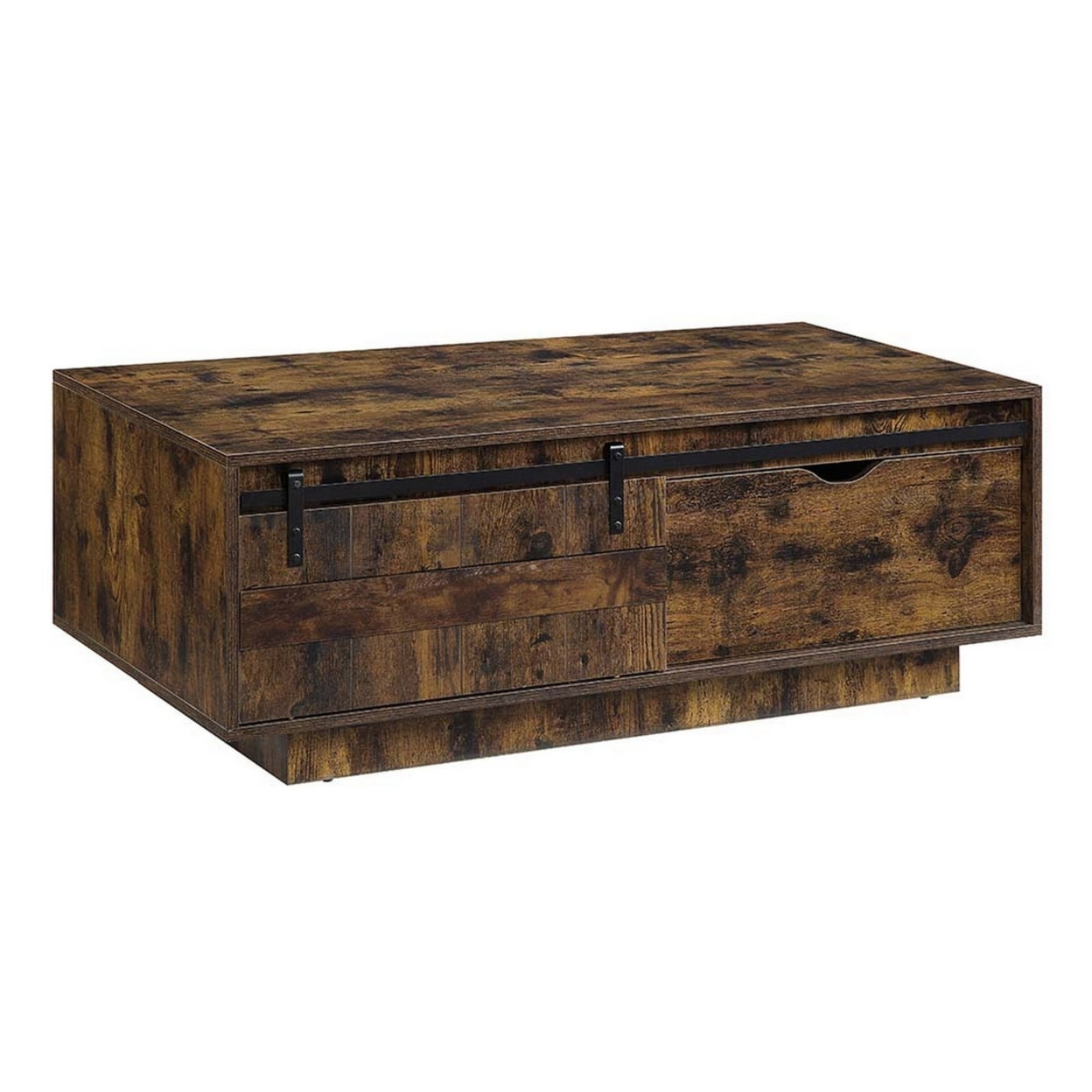 Rick 47 Inch Rustic Oak Coffee Table Sliding Barn Door Single Drawer