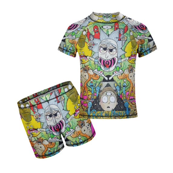 Rick And Morty Boys 2-Piece Swimsuit Set, Short Sleeve Rash Guard & Swim Trunks