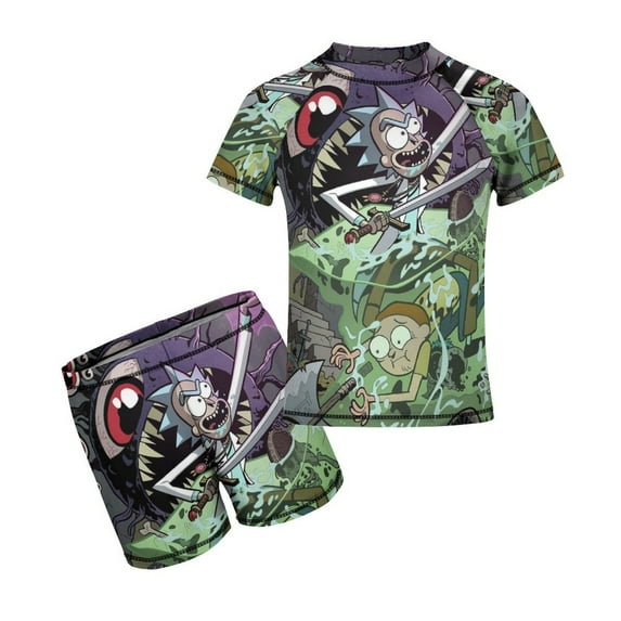 Rick And Morty Boys 2-Piece Swimsuit Set, Short Sleeve Rash Guard & Swim Trunks