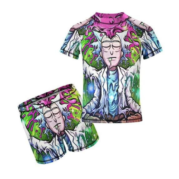 Rick And Morty Boys 2-Piece Swimsuit Set, Short Sleeve Rash Guard & Swim Trunks