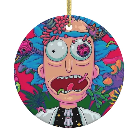 Rick And Morty Christmas Ceramic Round Ornaments Print Decorative Hanging Ornaments For Xmas Tree Holiday Party Decoration 1 Pcs