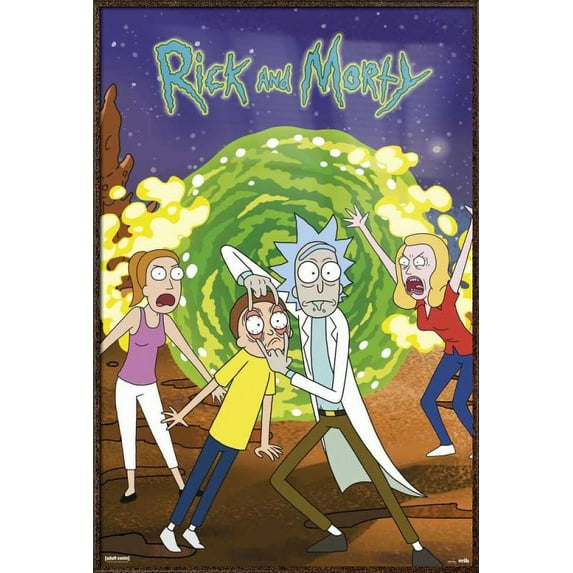 Rick And Morty - Framed TV Show Poster (Rick & Morty & The Girls / Portal) (Antique Copper / Gold Aluminum Frame)