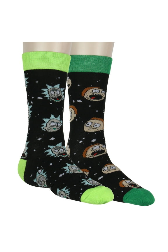 Rick And Morty Head Toss Character Expressions Casual Novelty 2 Pair Knit Mid-Calf Men's Crew Socks Fits Shoe Size 8-12