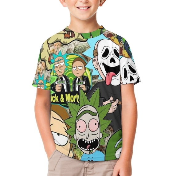 Rick And Morty Kids Short Sleeve Tee Shirt Novelty Crewneck T-Shirts Unisex Summer Blouse Tops for Boys Girls 150CM