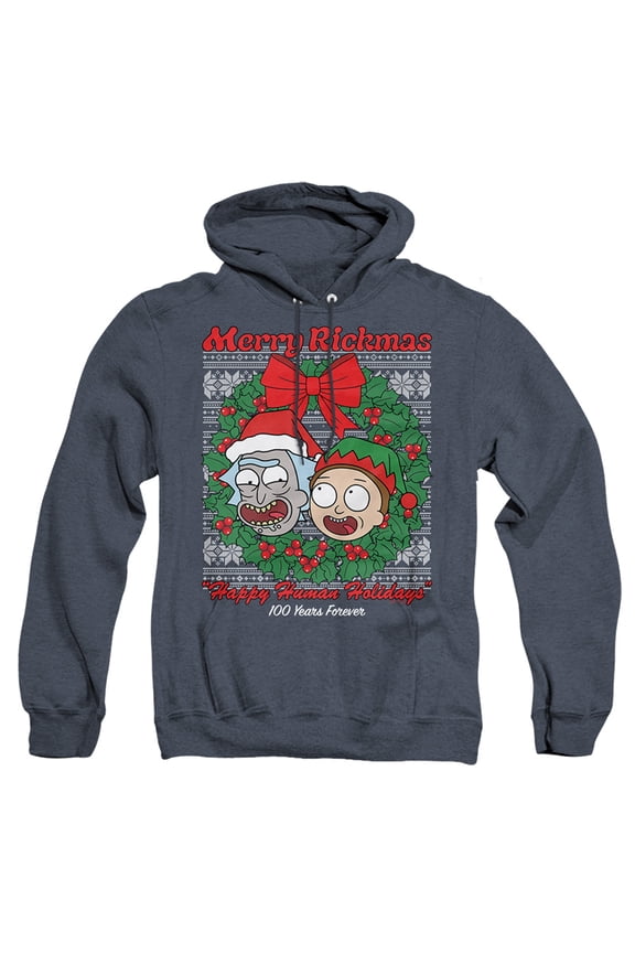 Rick And Morty Merry Rickmas Ugly Christmas Unisex Adult Pull-Over Heather Hoodie,Navy, 3X-Large