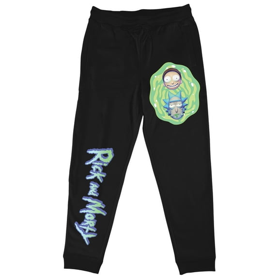 Rick And Morty Portal Characters and Title Logo Men's Black Sleep Pants-Large