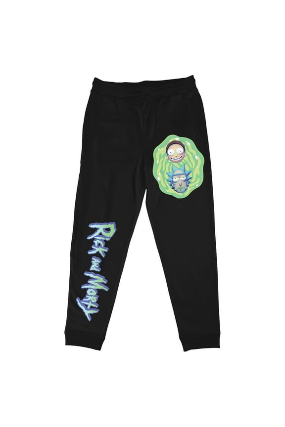 Rick And Morty Portal Characters and Title Logo Men's Black Sleep Pants-XL