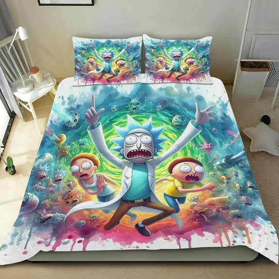 Rick And Morty Themed Bed Sheet Set Three Piece Set 53x79 Inches Comfortable And Skin Friendly Unique Design Creating A Star Studded Night