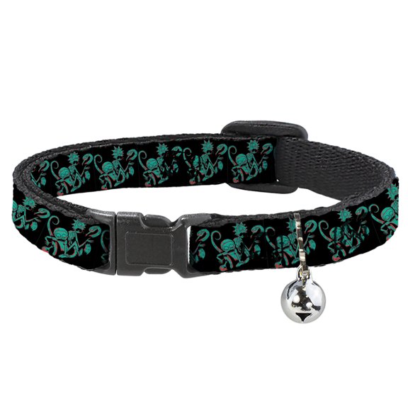 Rick and Morty Breakaway Cat Collar With Bell, Plastic Clip, Easy Adjustable, Rick and Morty Psychedelic Monster Pose Black Greens, 8.5 to 12 Inches 0.5 Inch Wide