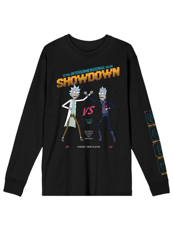 Rick & Morty Interdimensional Showdown Rick Vs. Prime Rick Crew Neck Long Sleeve Black Adult Tee-Large