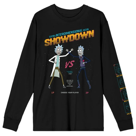 Rick & Morty Interdimensional Showdown Rick Vs. Prime Rick Crew Neck Long Sleeve Black Adult Tee-Large