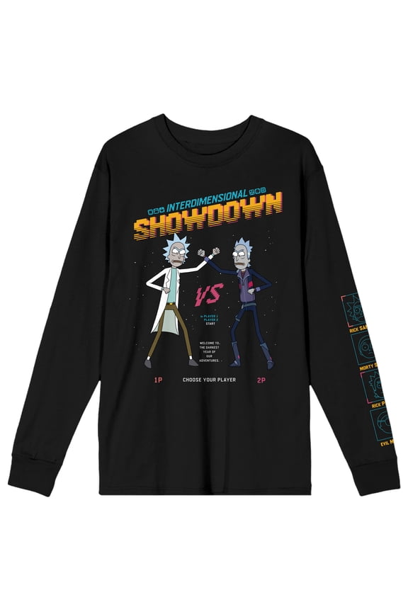 Rick & Morty Interdimensional Showdown Rick Vs. Prime Rick Crew Neck Long Sleeve Black Adult Tee-Large