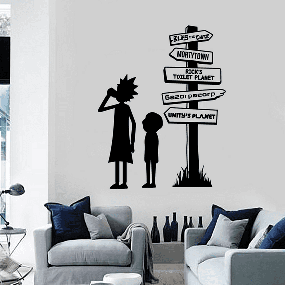 Rick and Morty Mortytown Pathway Signage Cartoon Wall Sticker Art Decal for Girls Boys Room Bedroom Nursery Kindergarten House Fun Home Decors Stickers Wall Art Vinyl Decoration Size (18x20 inch)