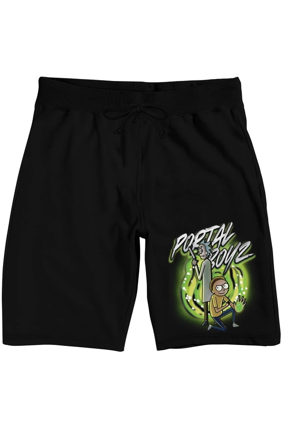 Rick & Morty Portal Boys Men's Black Graphic Sleep Shorts-Large