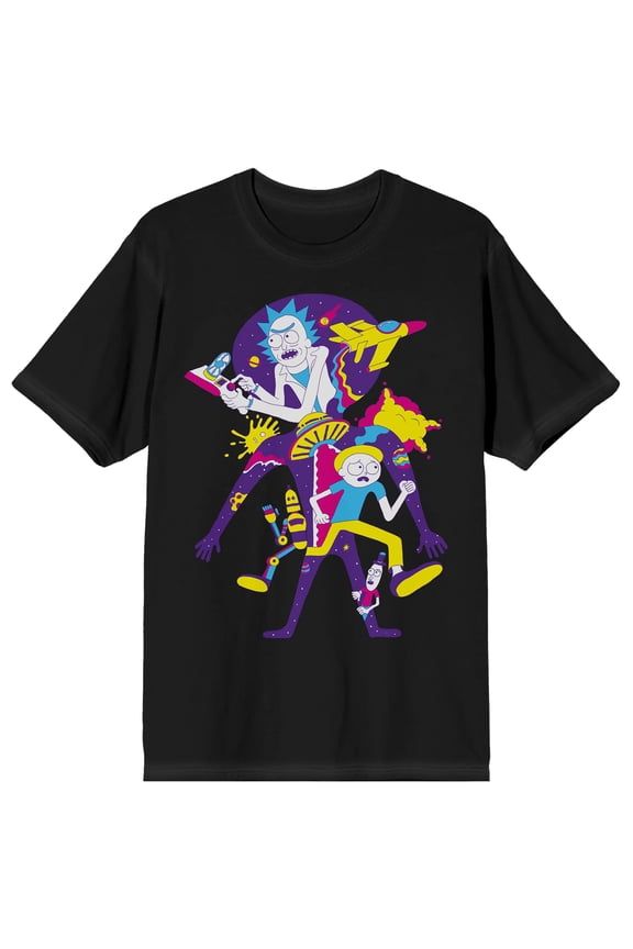 Rick & Morty Retro Color Art Crew Neck Short Sleeve Men's Black T-shirt-XS
