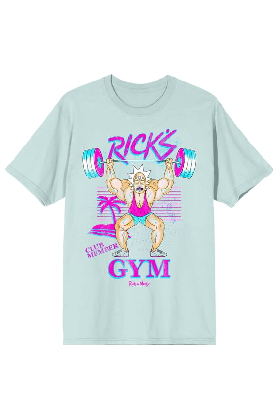 Rick & Morty Rick's Gym Men's Blue Glass Crew Neck Short Sleeve T-shirt-Large