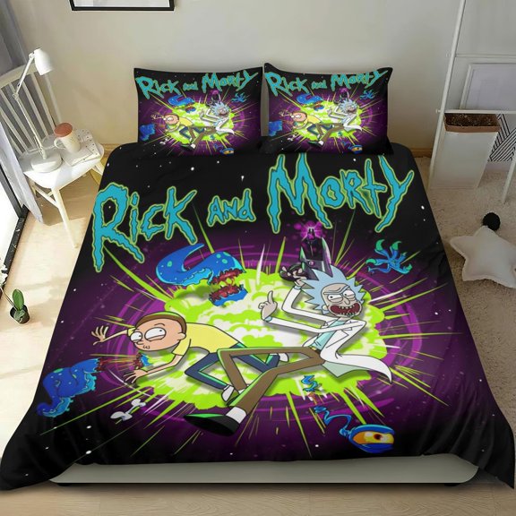 Rick and Morty Themed Bed Sheet Set Three Piece Set 53x79 In ches Comfortable And Skin Friendly Unique Design Creating A Star Studded Night Home Decor Gifts For Family Friends fans