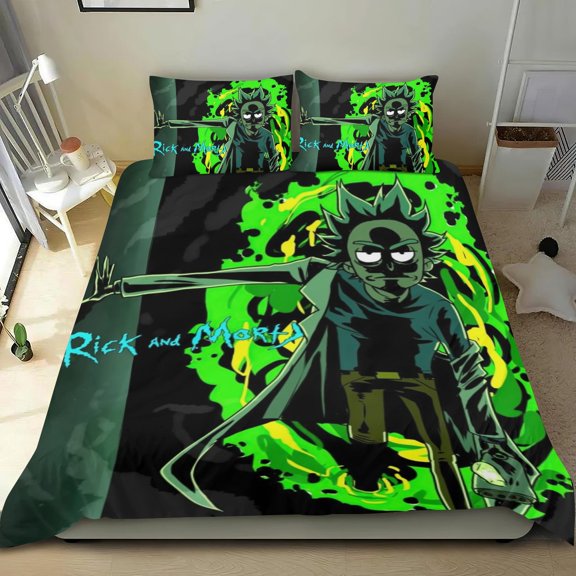Rick and Morty Themed Bed Sheet Set Three Piece Set 78x86 In ches Comfortable And Skin Friendly Unique Design Creating A Star Studded Night Home Decor Gifts For Family Friends fans
