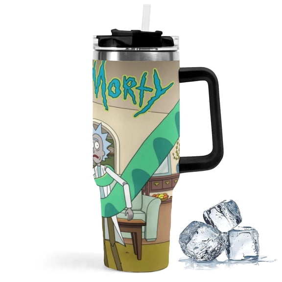 Rick Morty-theme Insulated Stainless Steel Tumbler with Handle Gifts For Family Friends Fans and Straw Fits in Standard Cup Holder 40 OZ