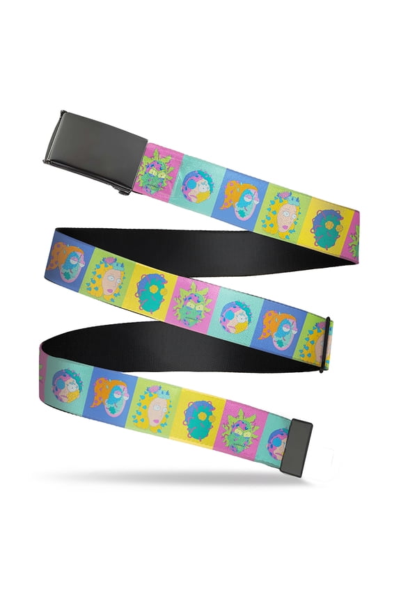 Adjustable Belt, Clamp Buckle, Cut-to-Fit, Rick and Morty Smith Family Cell Face Blocks Multi Color