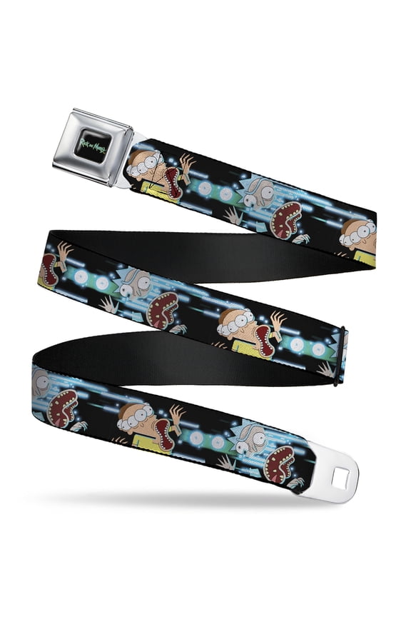 Rick and Morty Belt, Seatbelt Buckle Belt, Rick and Morty Face Glitch Pose Black Blues, 30 to 44 Inches