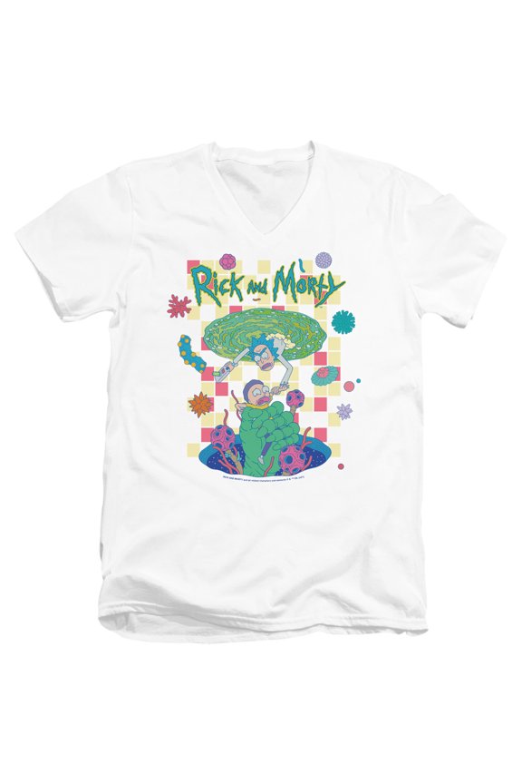 Rick and Morty Falling Portals Unisex Adult V-Neck T Shirt, White, Medium