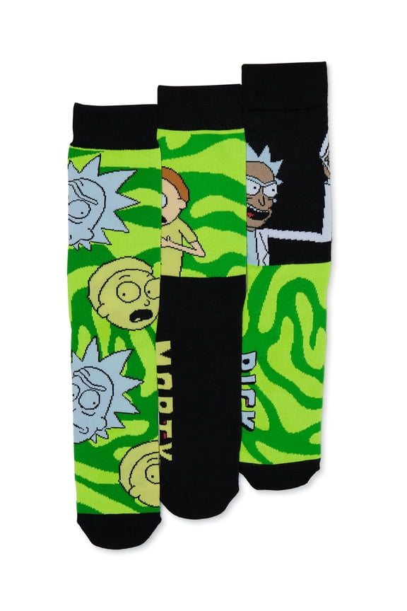 Rick and Morty Men's 3-Pack of Crew Socks with Novelty Gift Box, Sizes 8-12