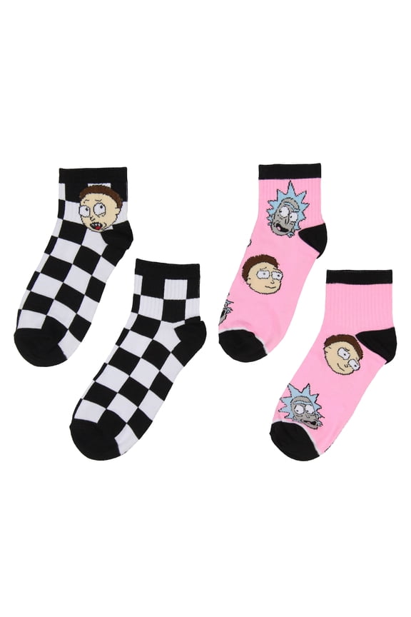 Rick and Morty Men's Face Expressions Print Checkered Quarter Crew Socks 2 Count