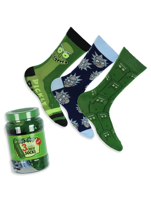 Men's Pickle Rick 3 Pair Casual Crew Socks in Jar Container 6-12