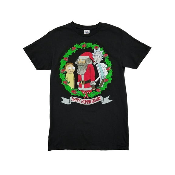 Rick and Morty Mens Black Happy Human Holiday Christmas T-Shirt XL