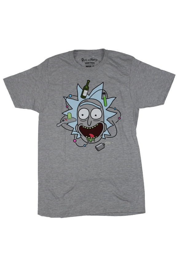 Rick & and Morty Mens T-Shirt - Rick Sanchez Face Surrounded By Stuff (Small)