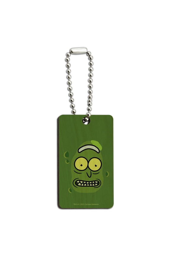 Rick and Morty Pickle Rick Face Wood Wooden Rectangle Keychain Key Ring