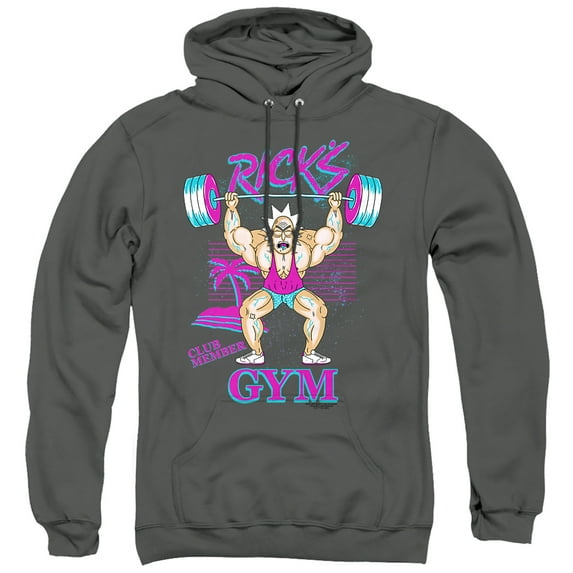 Rick and Morty Ricks Gym Unisex Adult Pull-Over Hoodie, Charcoal, Medium