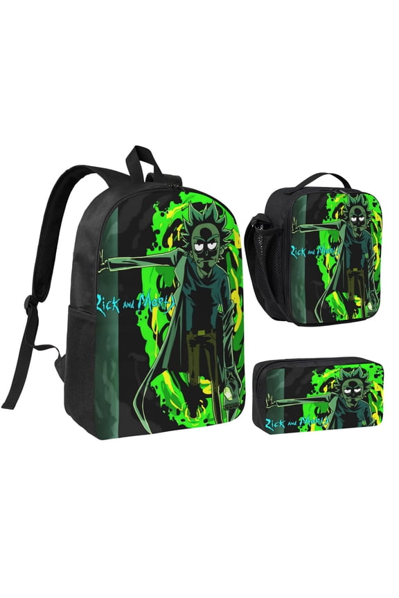 Rick and Morty Three piece backpack set young backpack combination backpack lunch bag pencil case