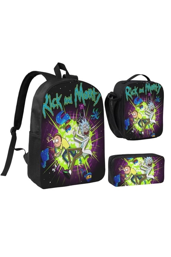 Rick and Morty Three piece backpack set young backpack combination backpack lunch bag pencil case