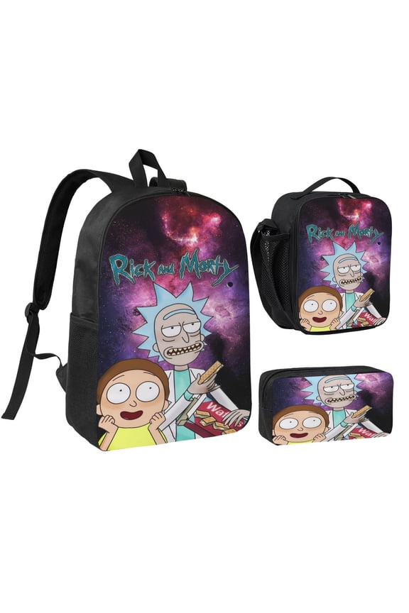 Rick and Morty Three piece backpack set young backpack combination backpack lunch bag pencil case