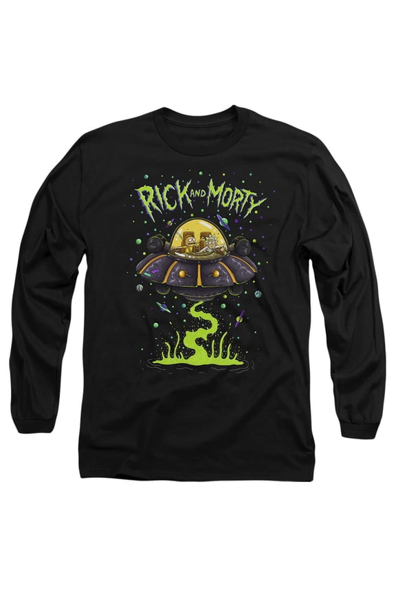 Rick and Morty UFO Unisex Adult Long-Sleeve T Shirt,Black, 2X-Large