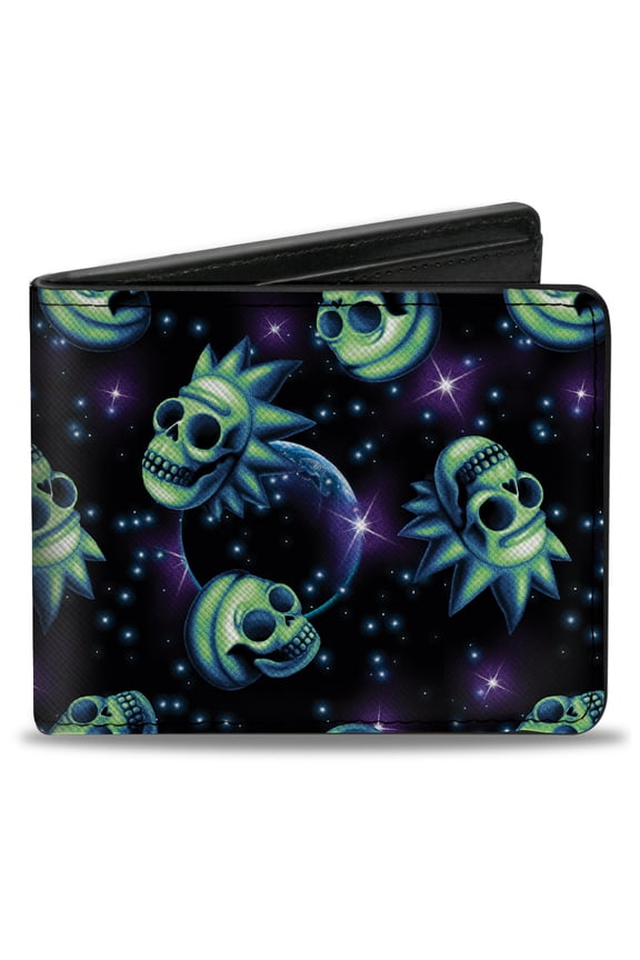 Rick and Morty Wallet, Bifold, Rick and Morty Glow Skull in Space Scattered Black Blues, Vegan Leather