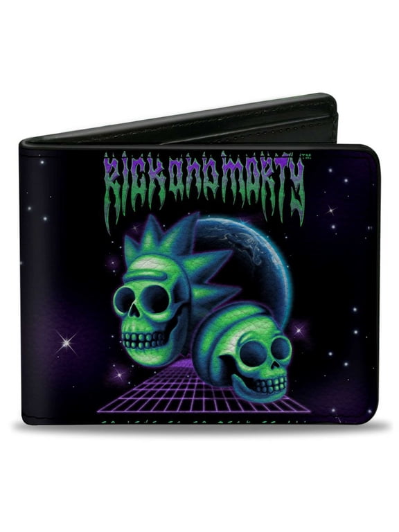 Rick and Morty Wallet, Bifold, Rick and Morty Heavy Metal Skulls Black Purple Blue Green, Vegan Leather