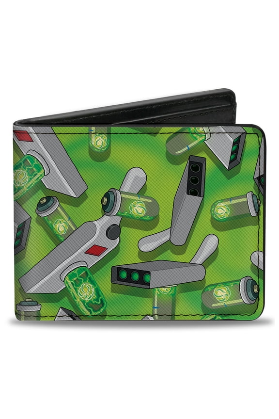 Rick and Morty Wallet, Bifold, Rick and Morty Portal Gun Collage Greens, Vegan Leather